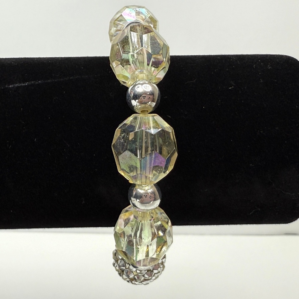 Acrylic Faceted Bead Bracelet Silver Cluster Accent Stretch Band Jewelry 6.5